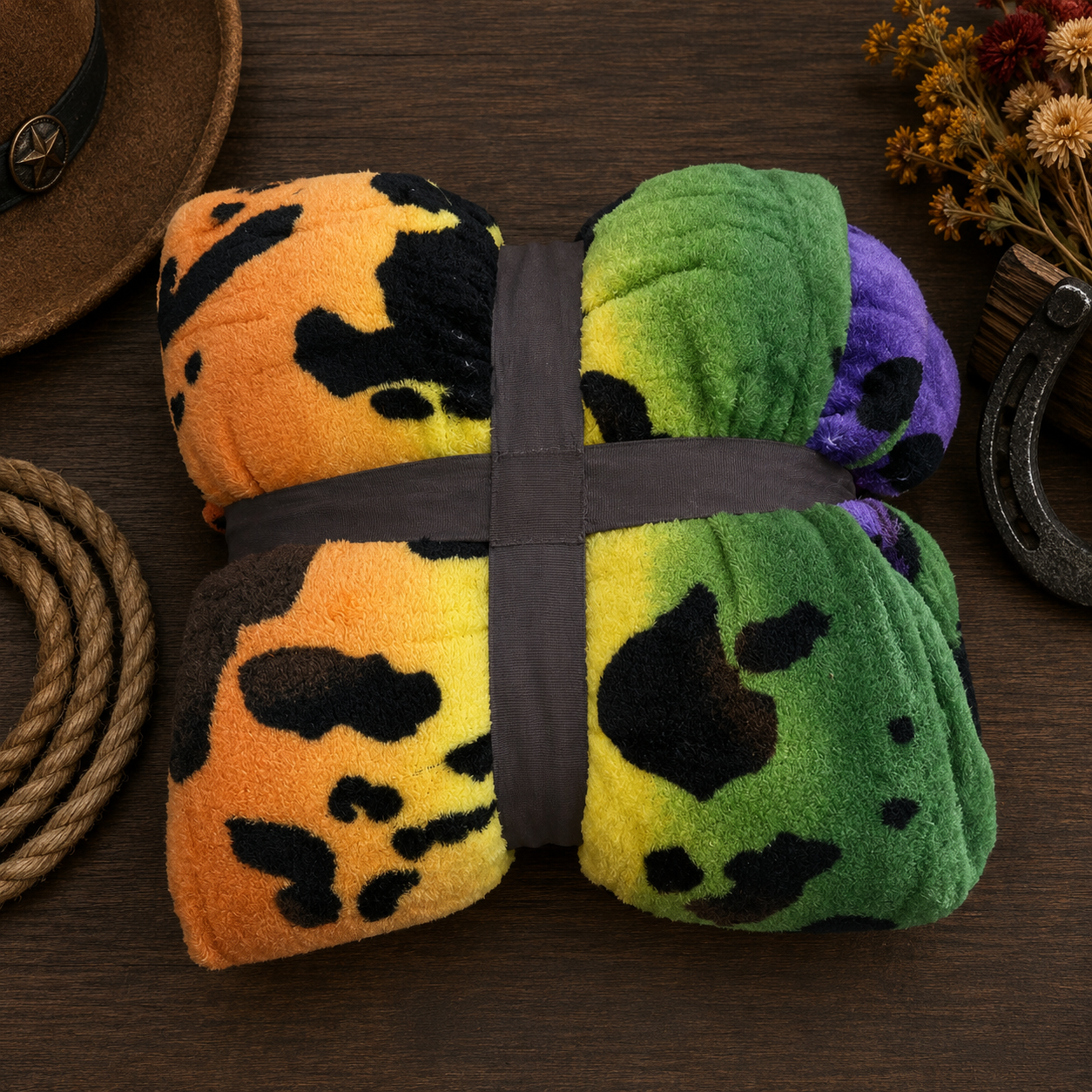 Mia Rainbow Cow Print Soft Fleece Throw Blanket Queen size