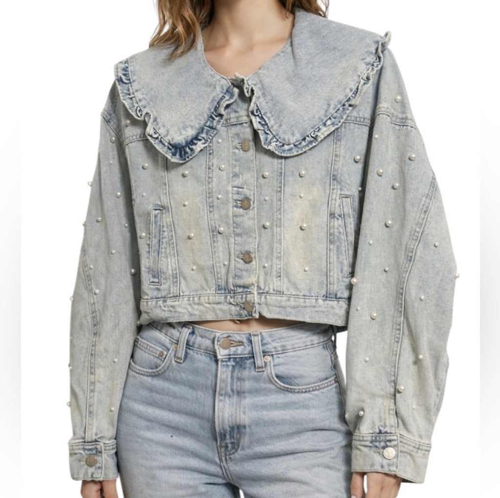 Peach Love Acid Wash Pearl Embellished Denim Jacket With Ruffle Peter Pan Lapel