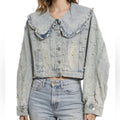 Peach Love Acid Wash Pearl Embellished Denim Jacket With Ruffle Peter Pan Lapel