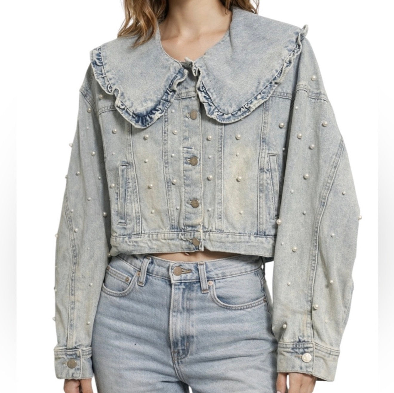 Peach Love Acid Wash Pearl Embellished Denim Jacket With Ruffle Peter Pan Lapel