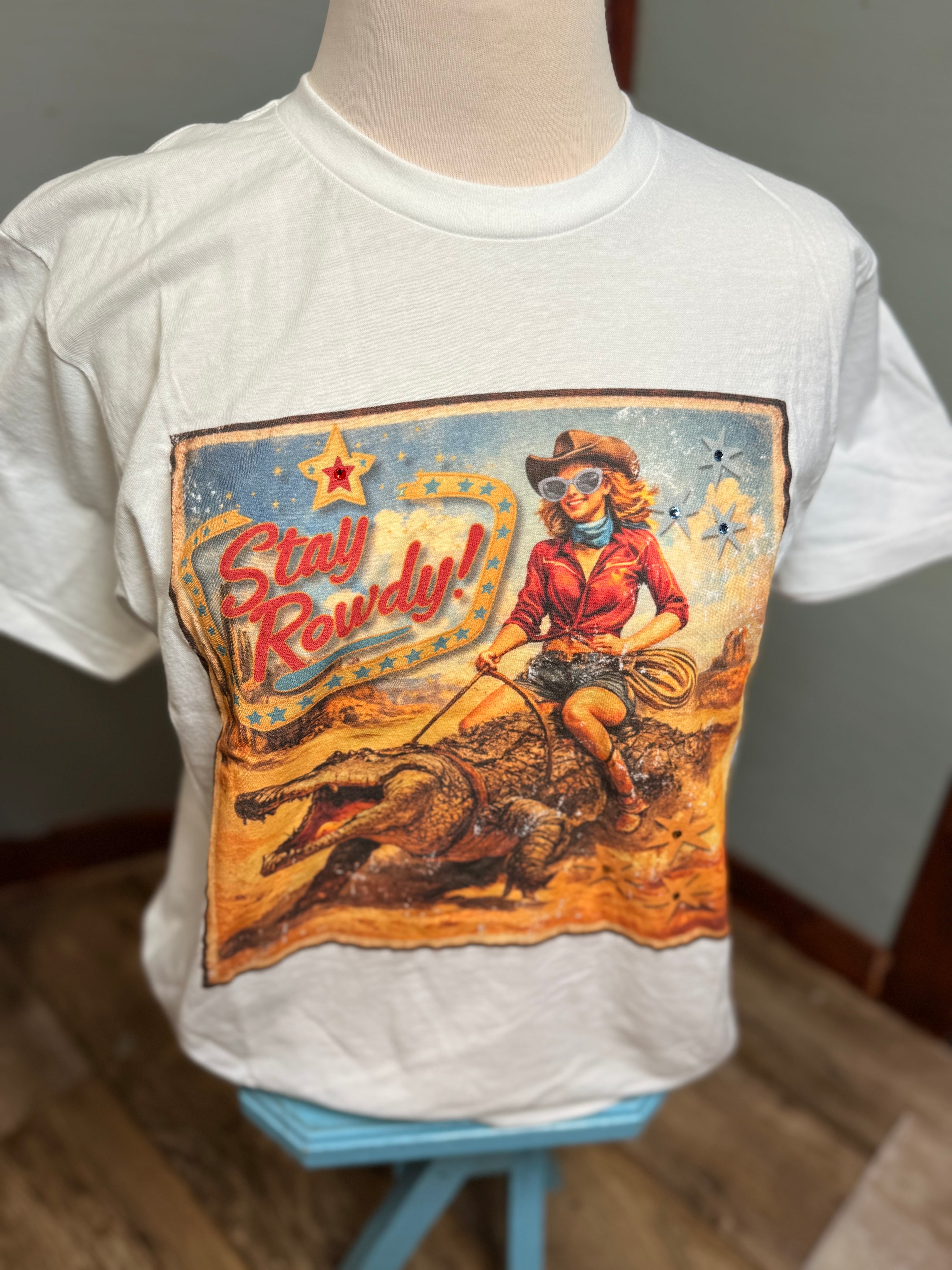Stay Rowdy T-Shirt with rhinestones
