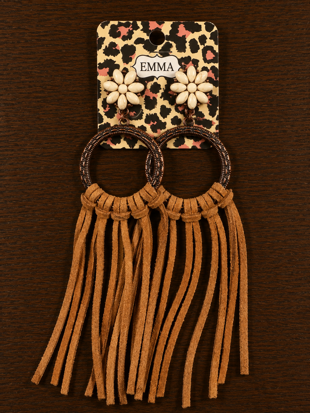 White stone flower with tan fringe earrings