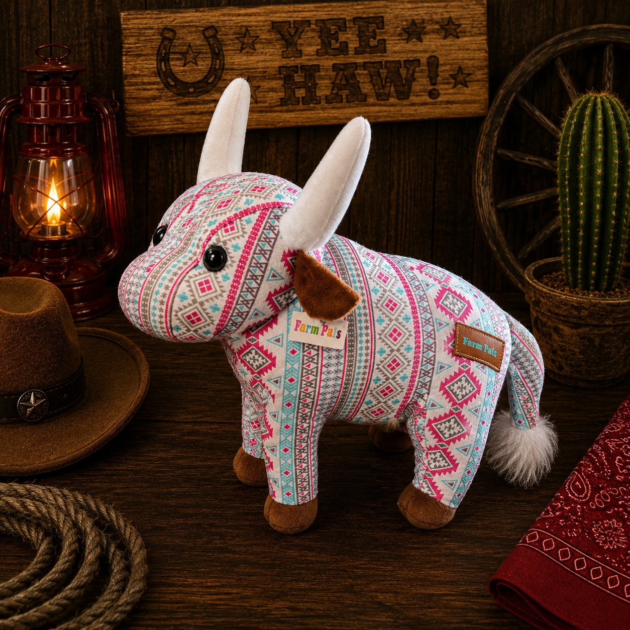 Farm Pals Bull pink & teal aztec print (medium)