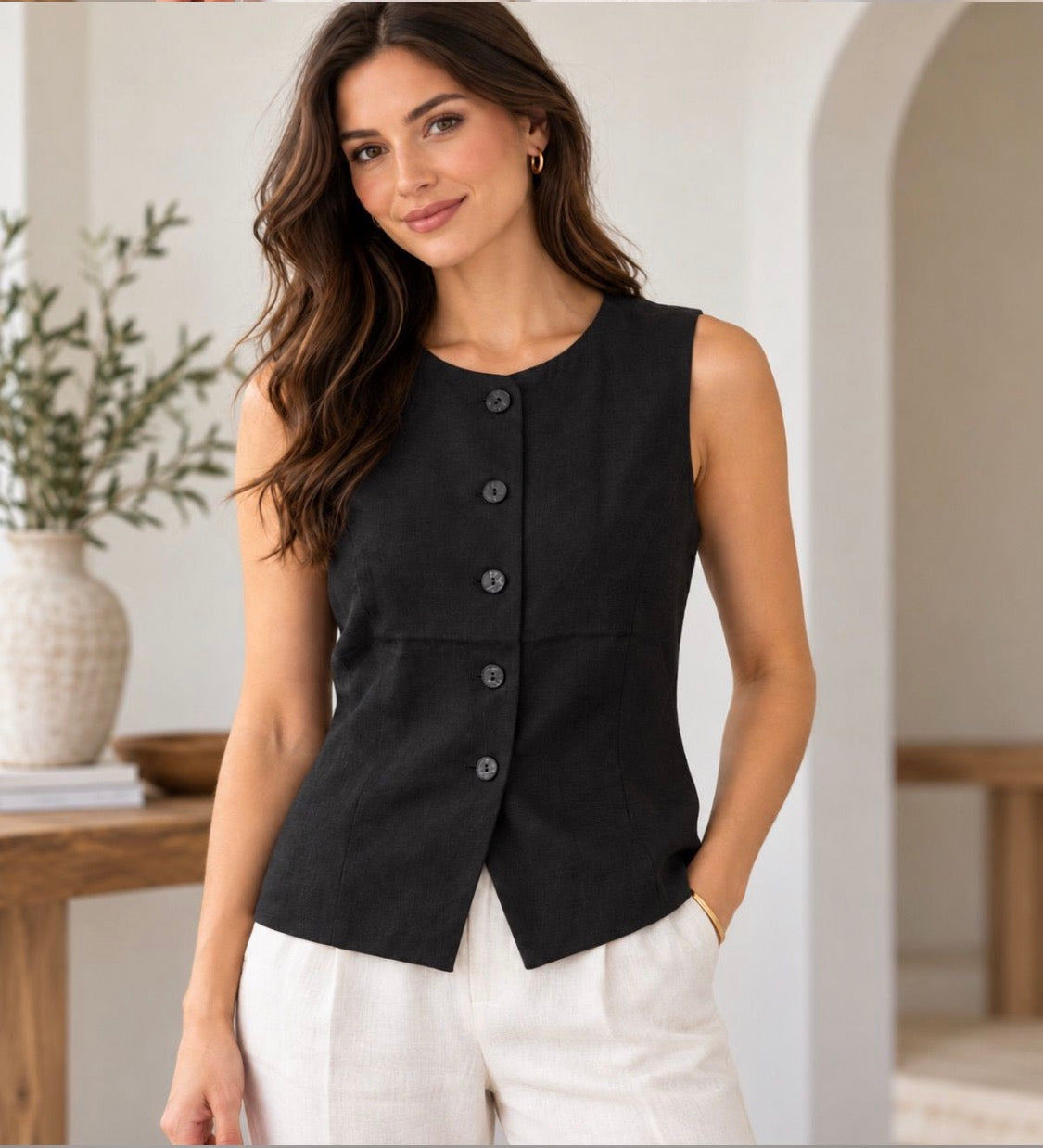 Zenana Linen Button-down Vest Black