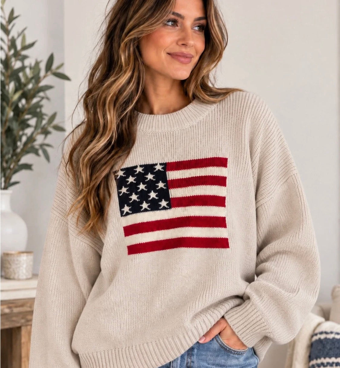 Zenana Cream American Flag Sweater