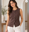 Zenana Linen Button-down Vest Brown