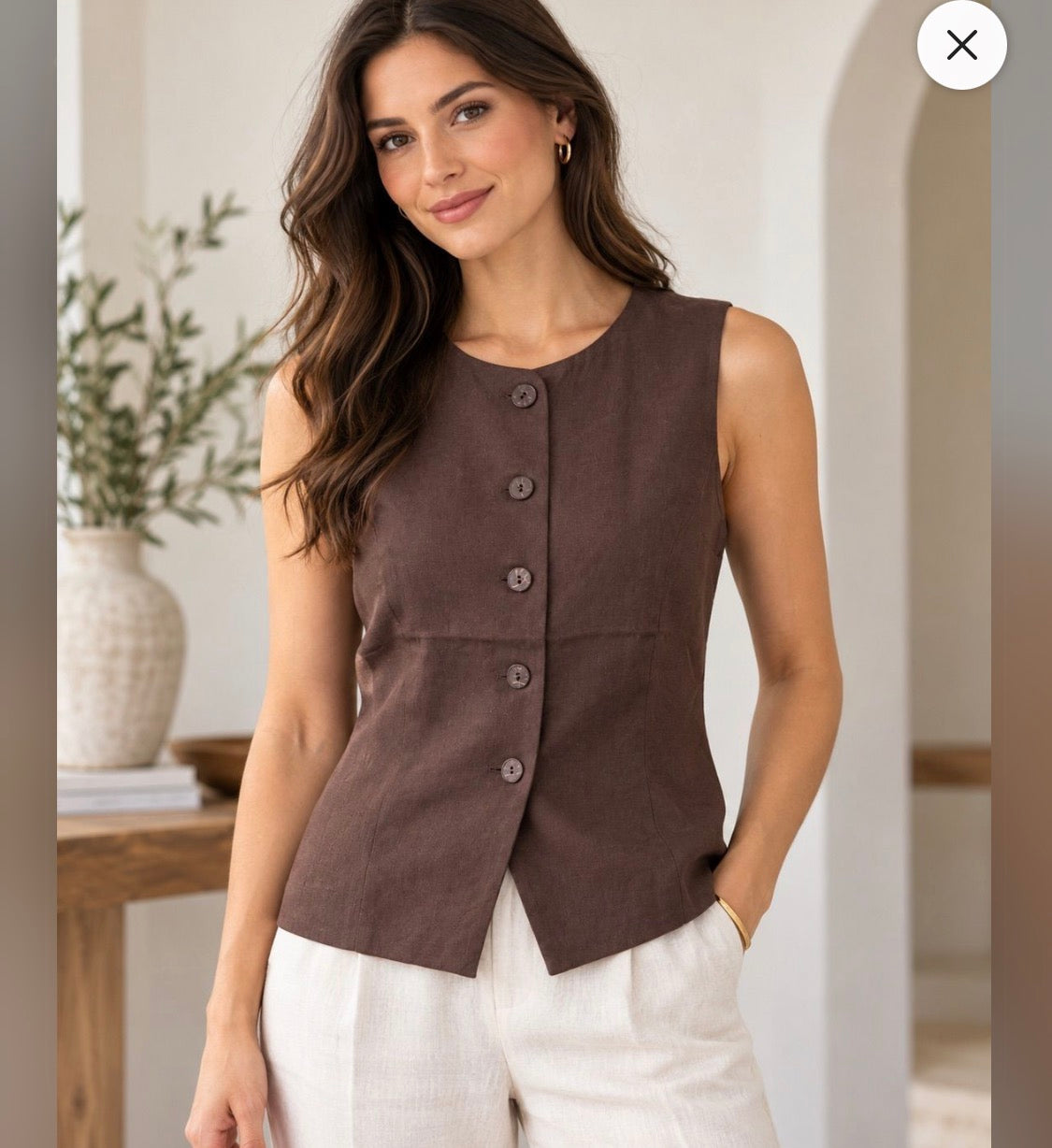 Zenana Linen Button-down Vest Brown