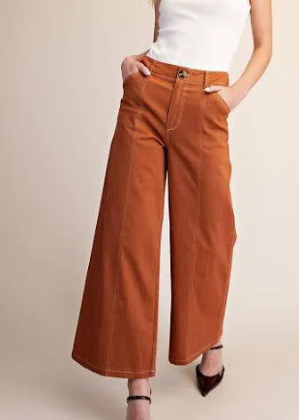 Glam High Rise Stitch Seamed Stretch Crop Pants Camel