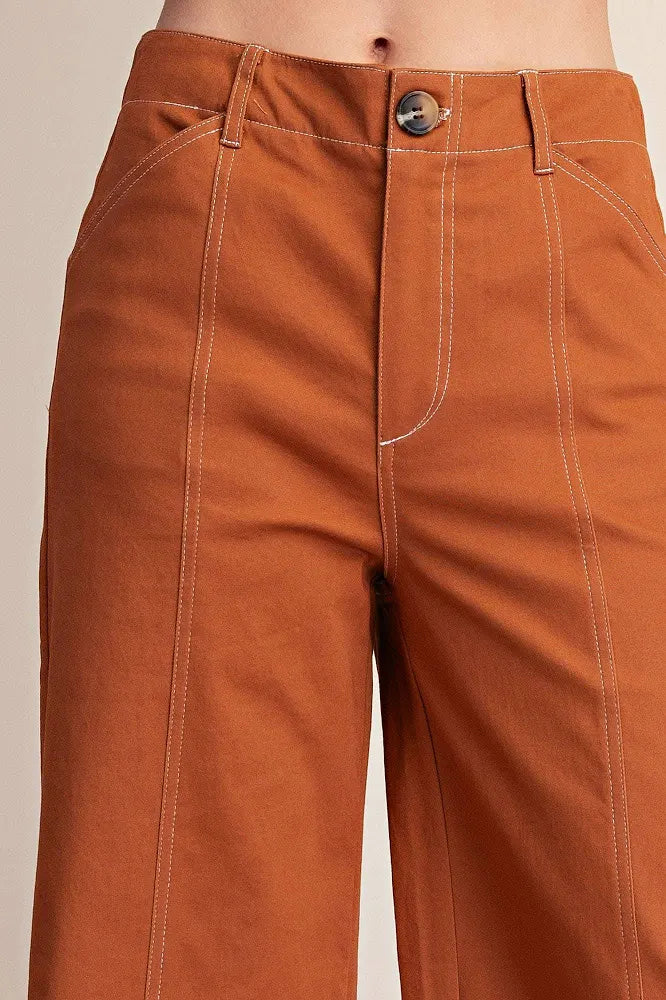 Glam High Rise Stitch Seamed Stretch Crop Pants Camel