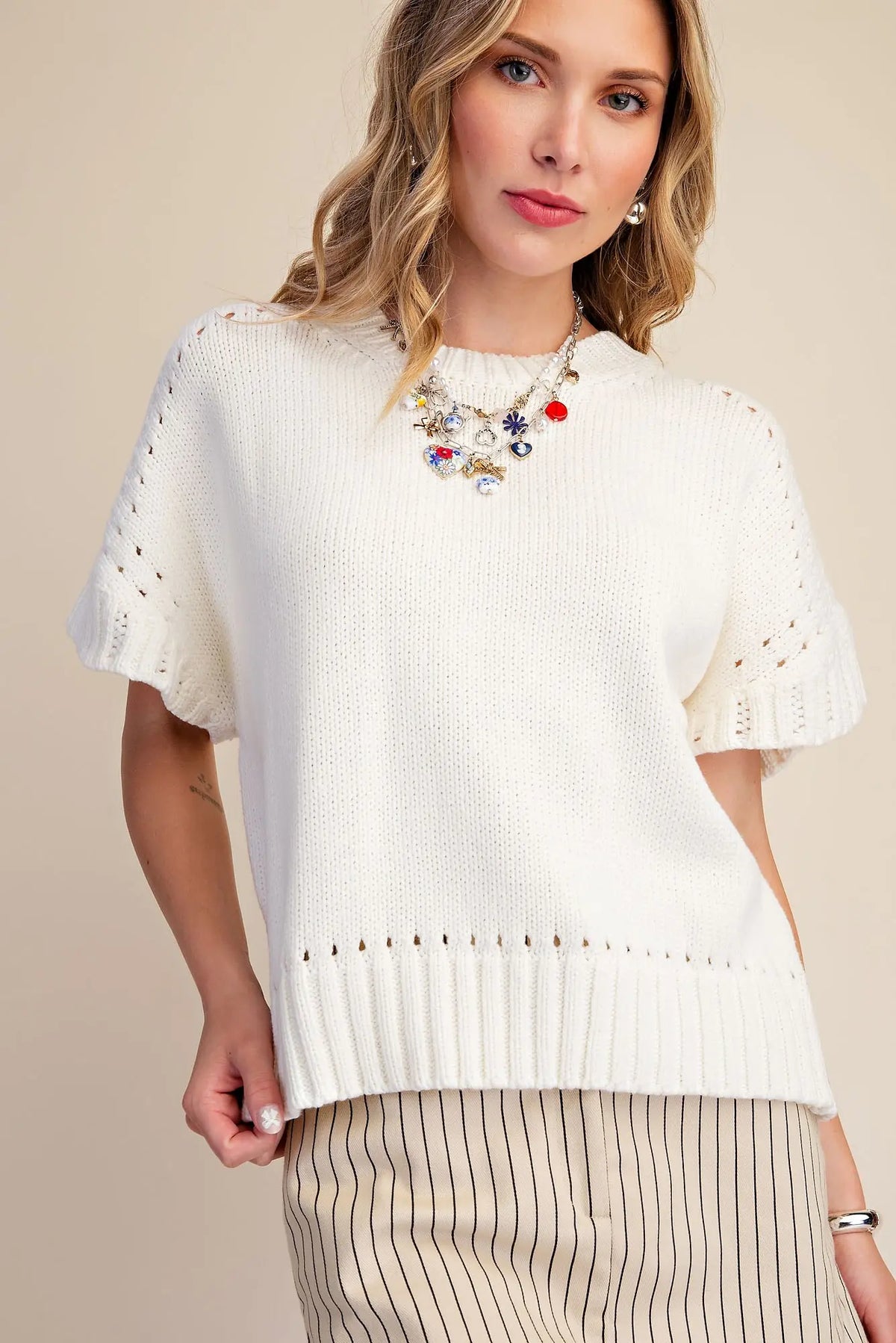 Glam Short Sleeve Crew Neck Sweater Cream