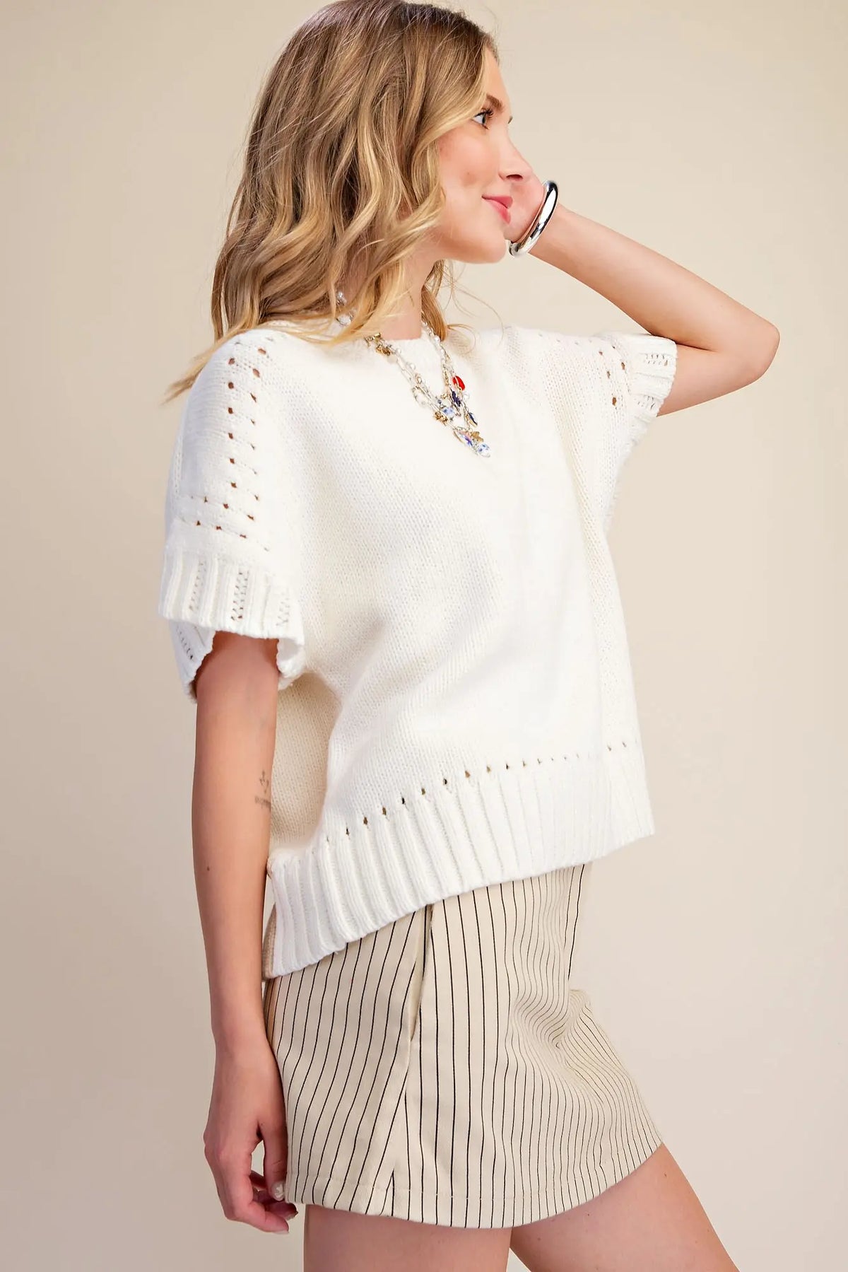 Glam Short Sleeve Crew Neck Sweater Cream