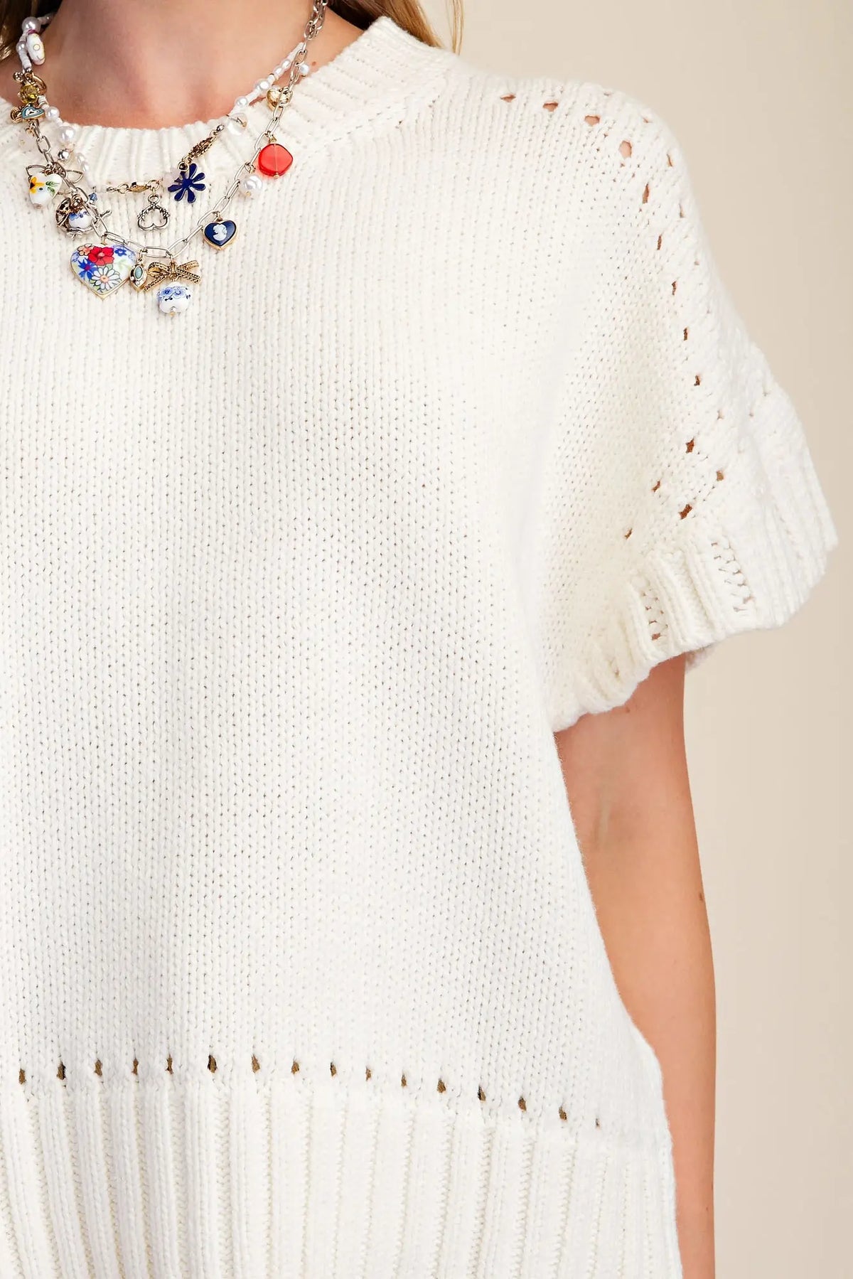 Glam Short Sleeve Crew Neck Sweater Cream