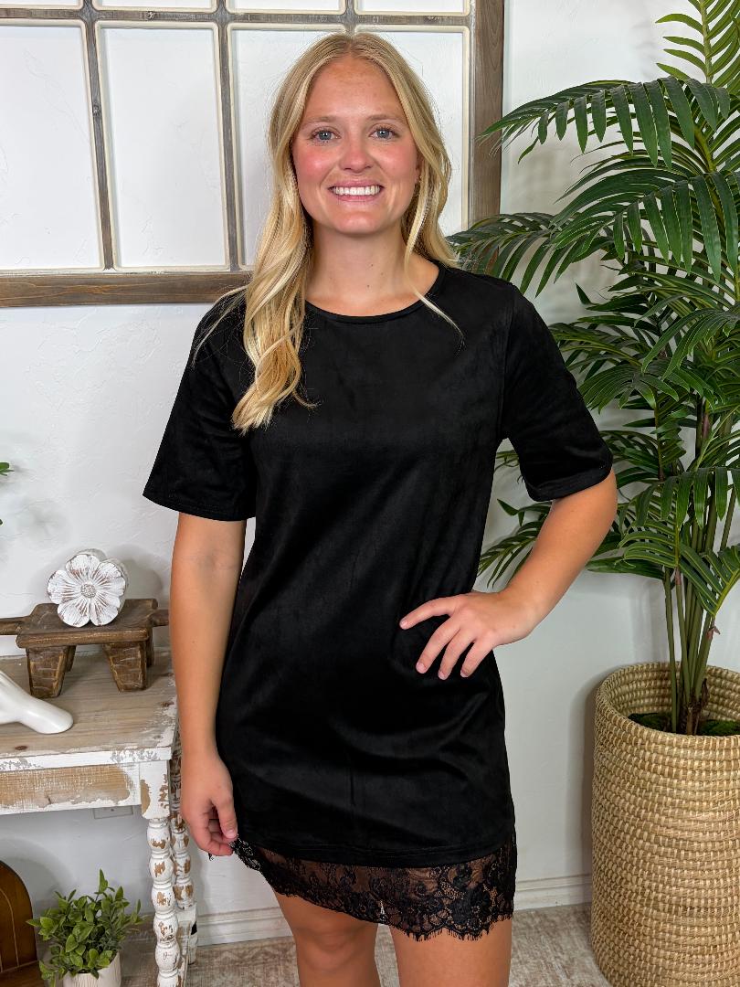 Faux Suede Lace Hem Mini Dress Black