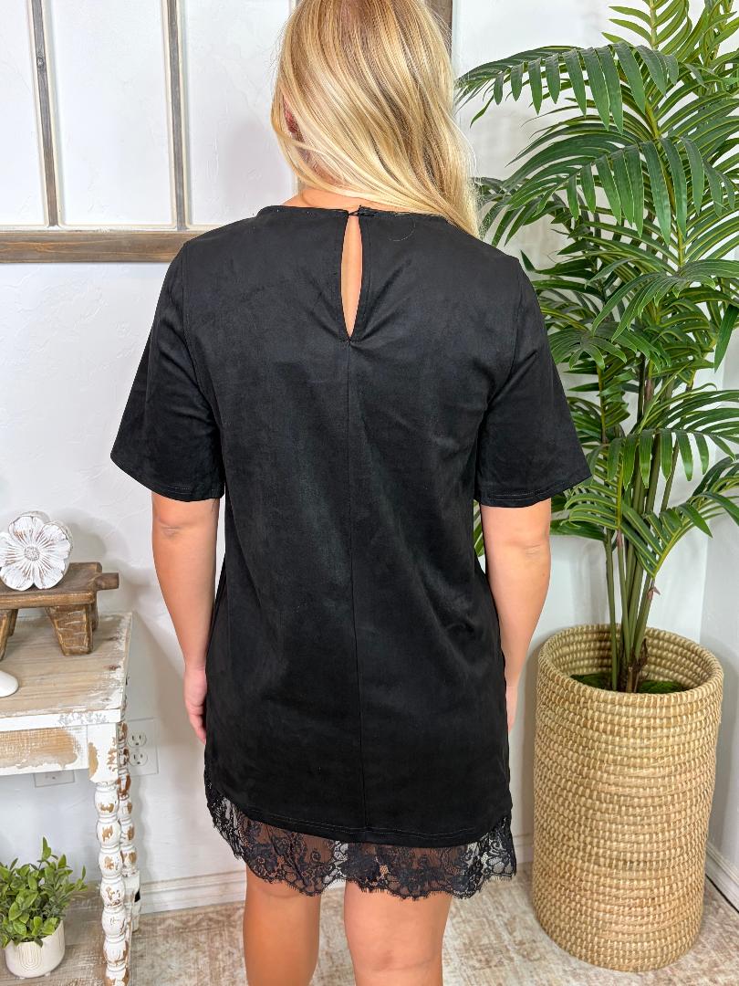 Faux Suede Lace Hem Mini Dress Black