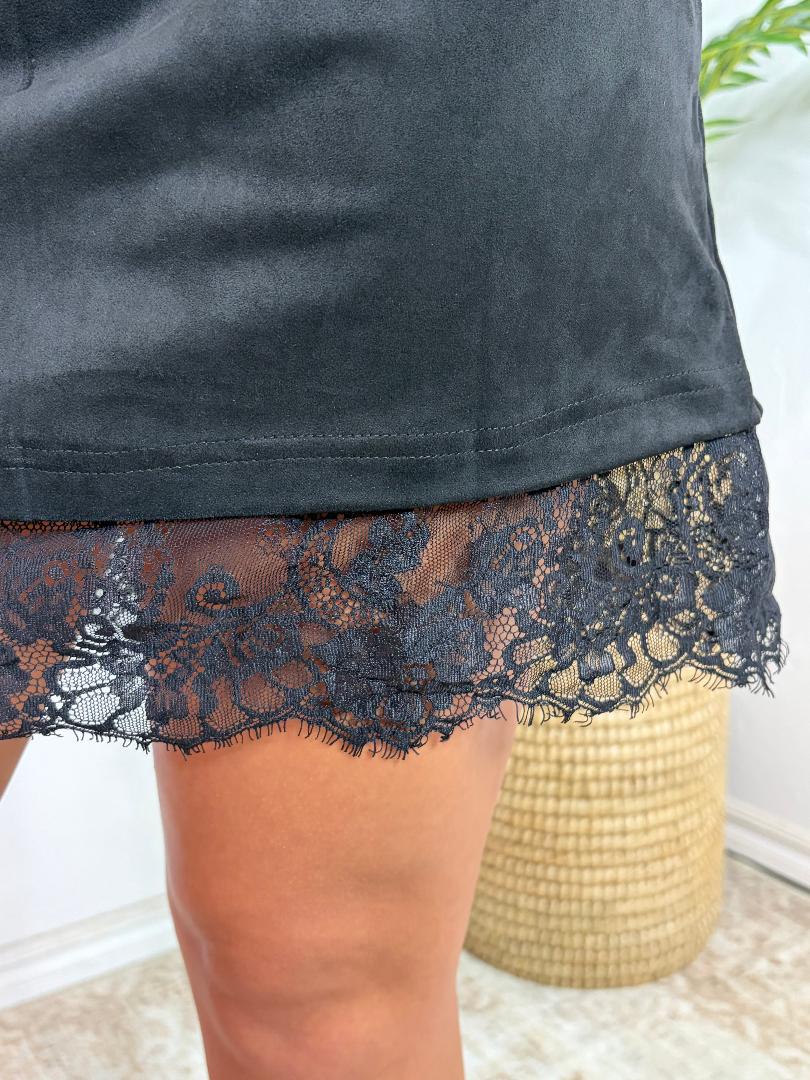 Faux Suede Lace Hem Mini Dress Black