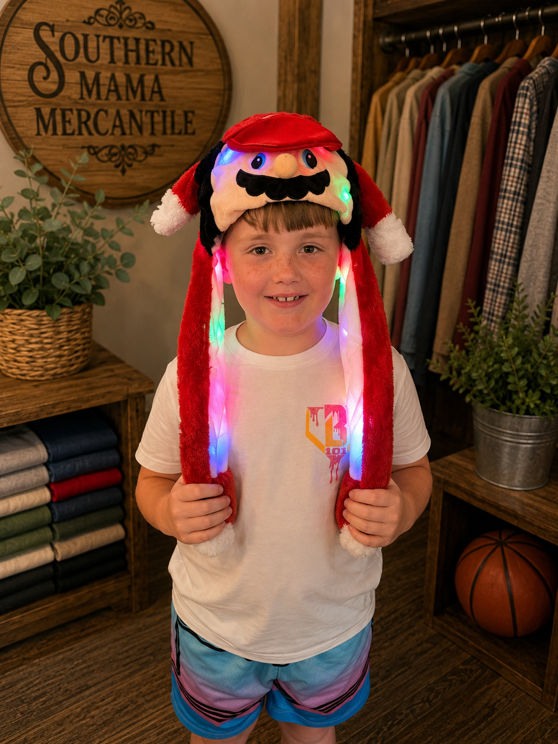 Light up red man character beanie with movable ears