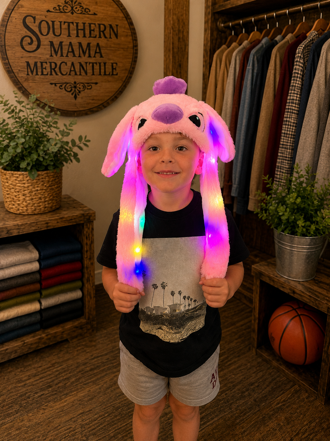 Light up pink character beanie with movable ears