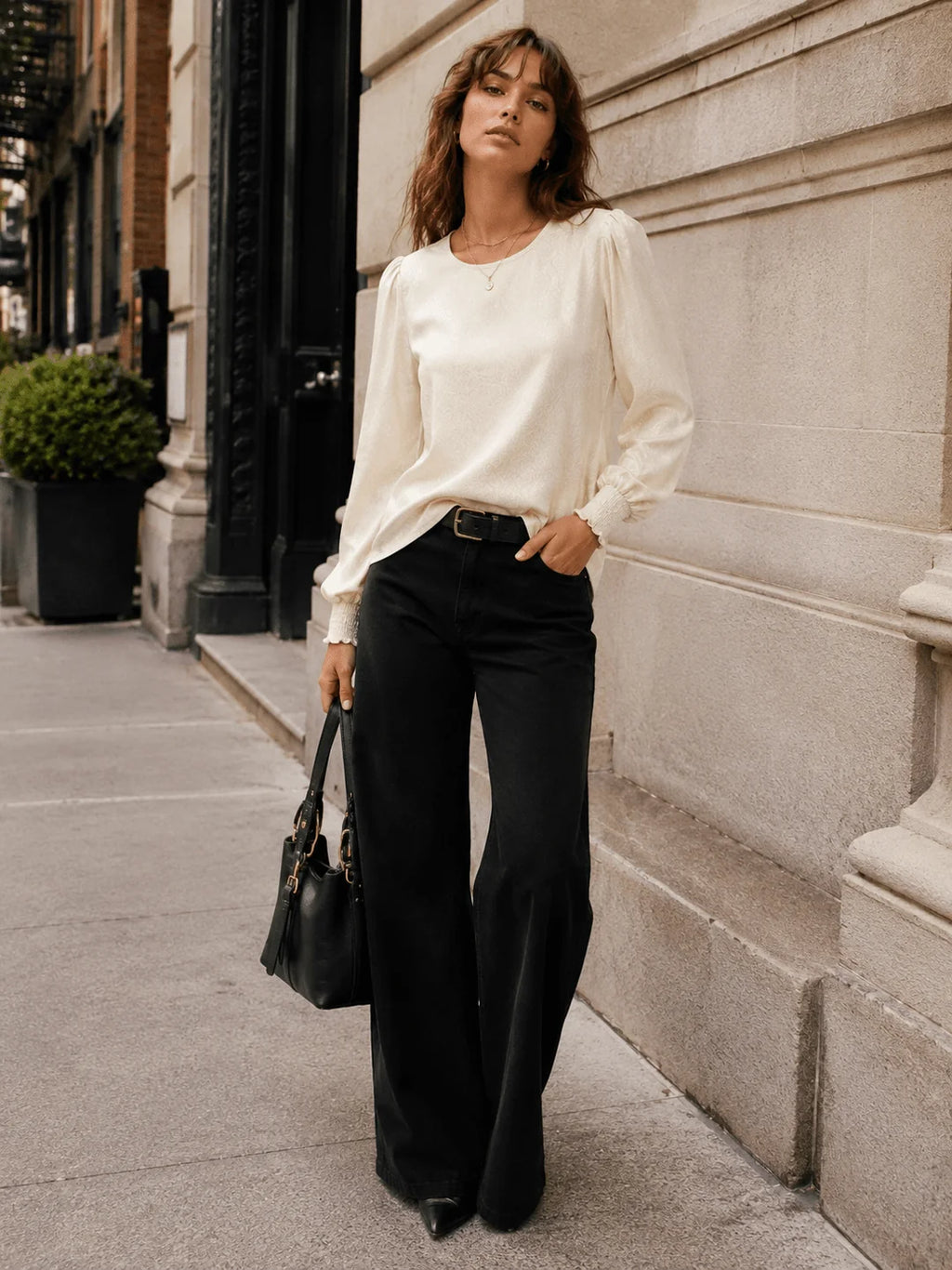 Les Amis Long Puff Sleeve Shimmer Blouse (Ivory)