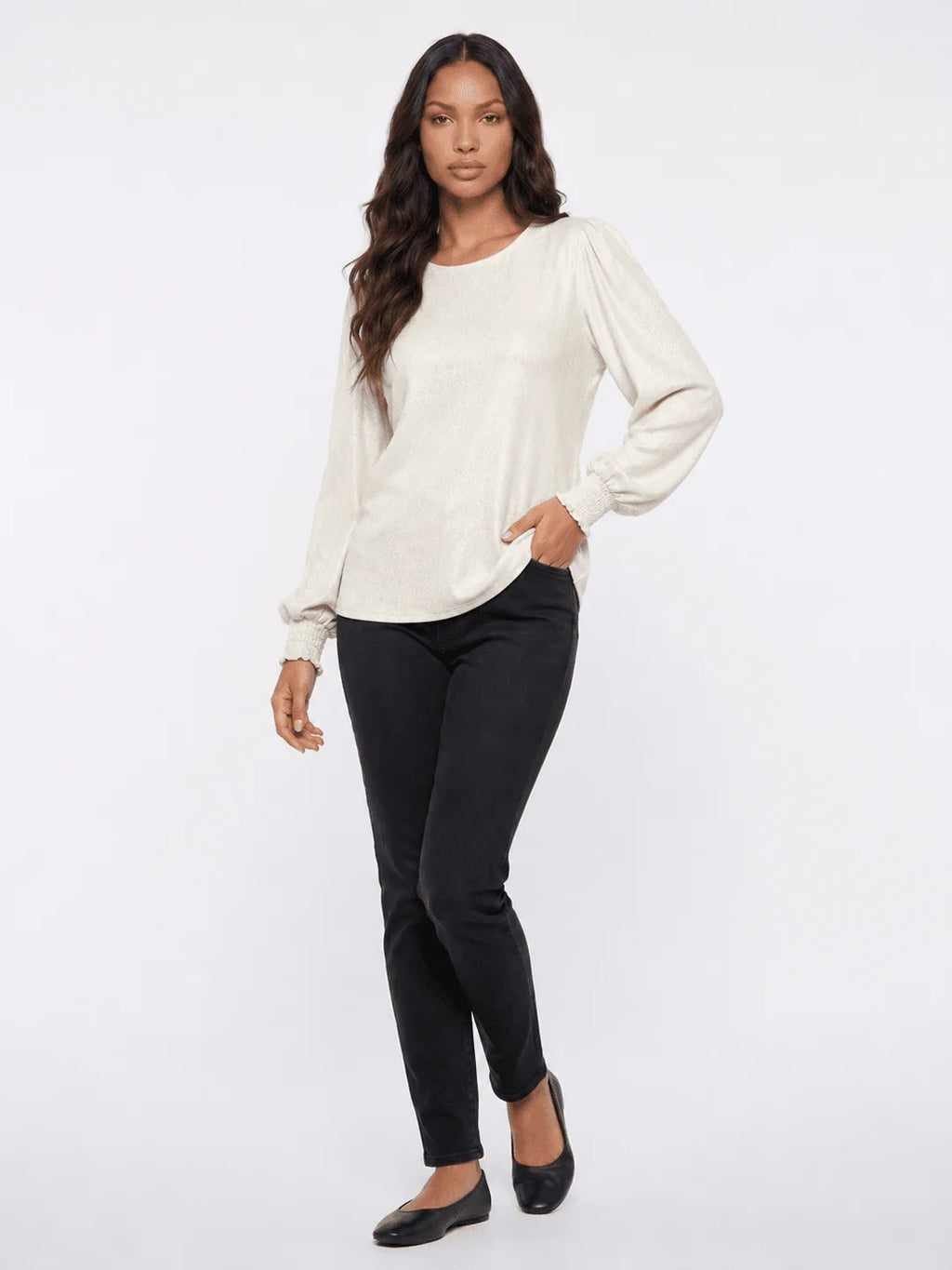 Les Amis Long Puff Sleeve Shimmer Blouse (Ivory)