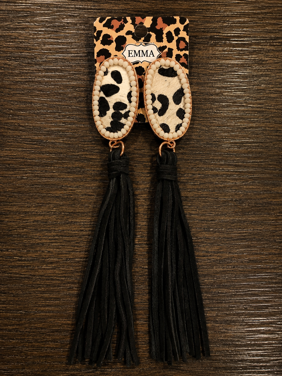 Black cowprint with fringe earrings