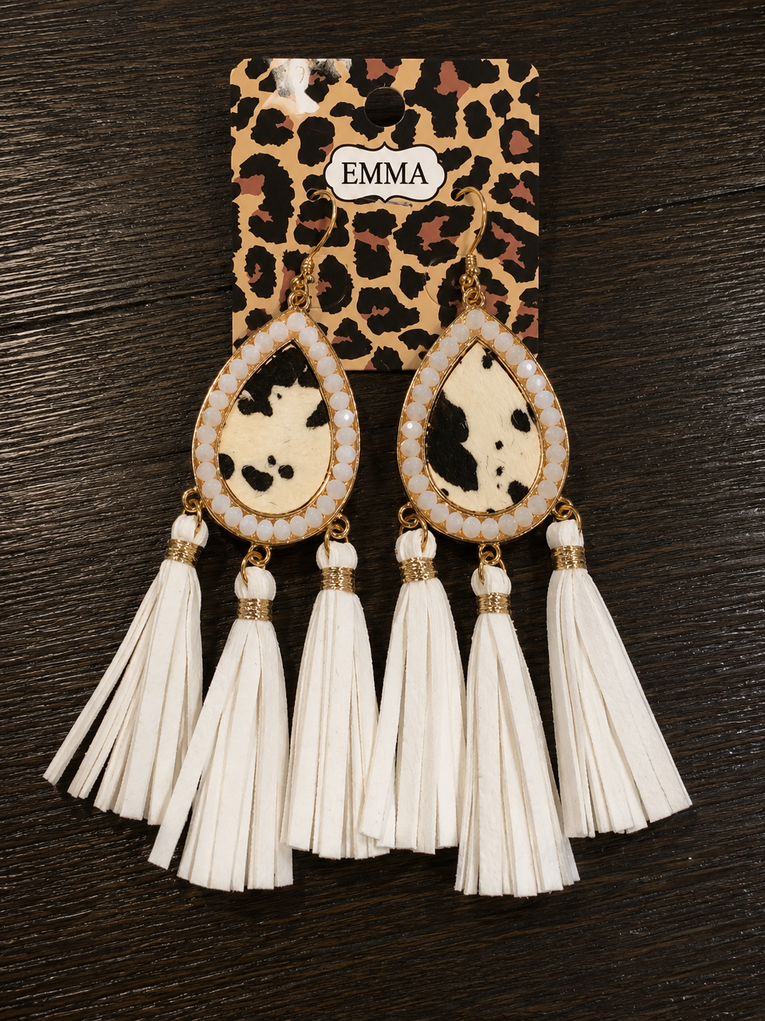 Cowhide with white stones and fringe earrings