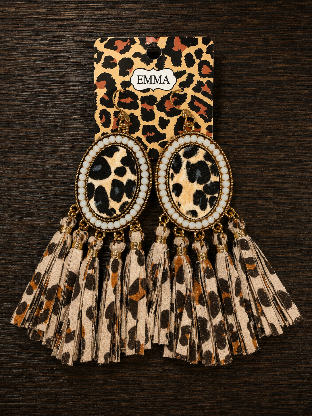 Cowhide with white stones and leopard fringe earrings