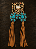 Turquoise stone flower with tan fringe earrings