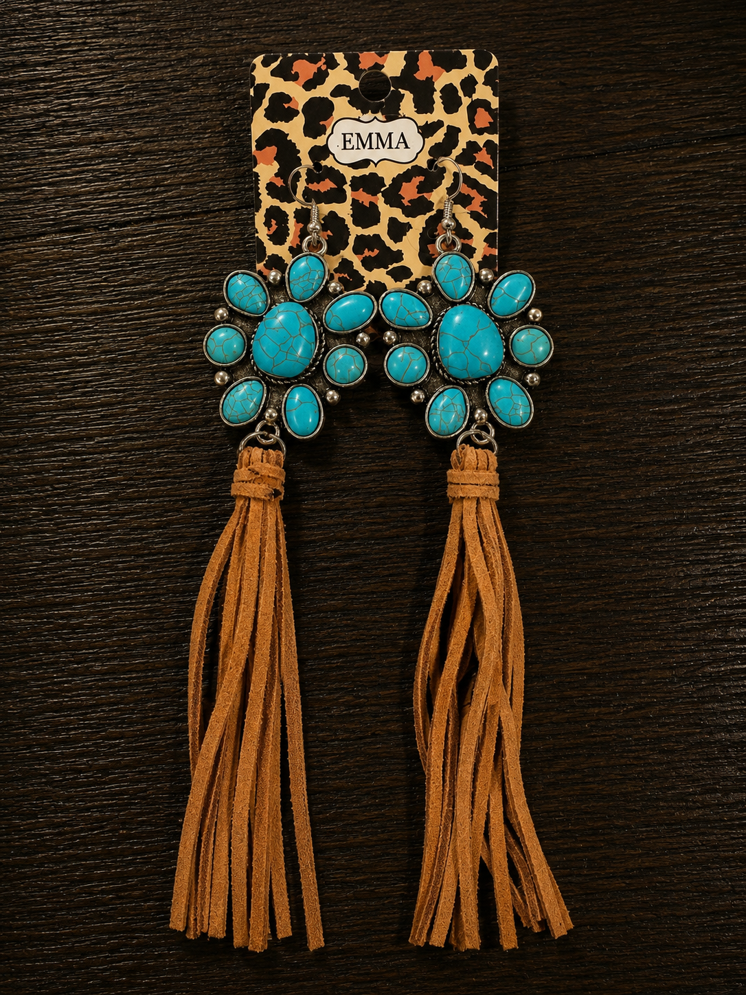 Turquoise stone flower with tan fringe earrings