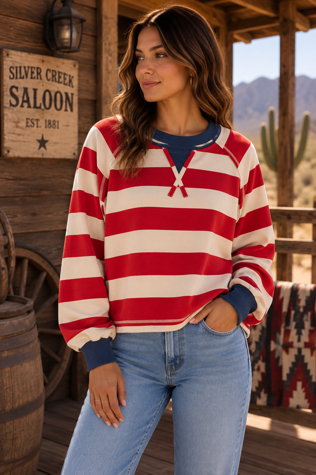 Very J Red and Cream Striped Top