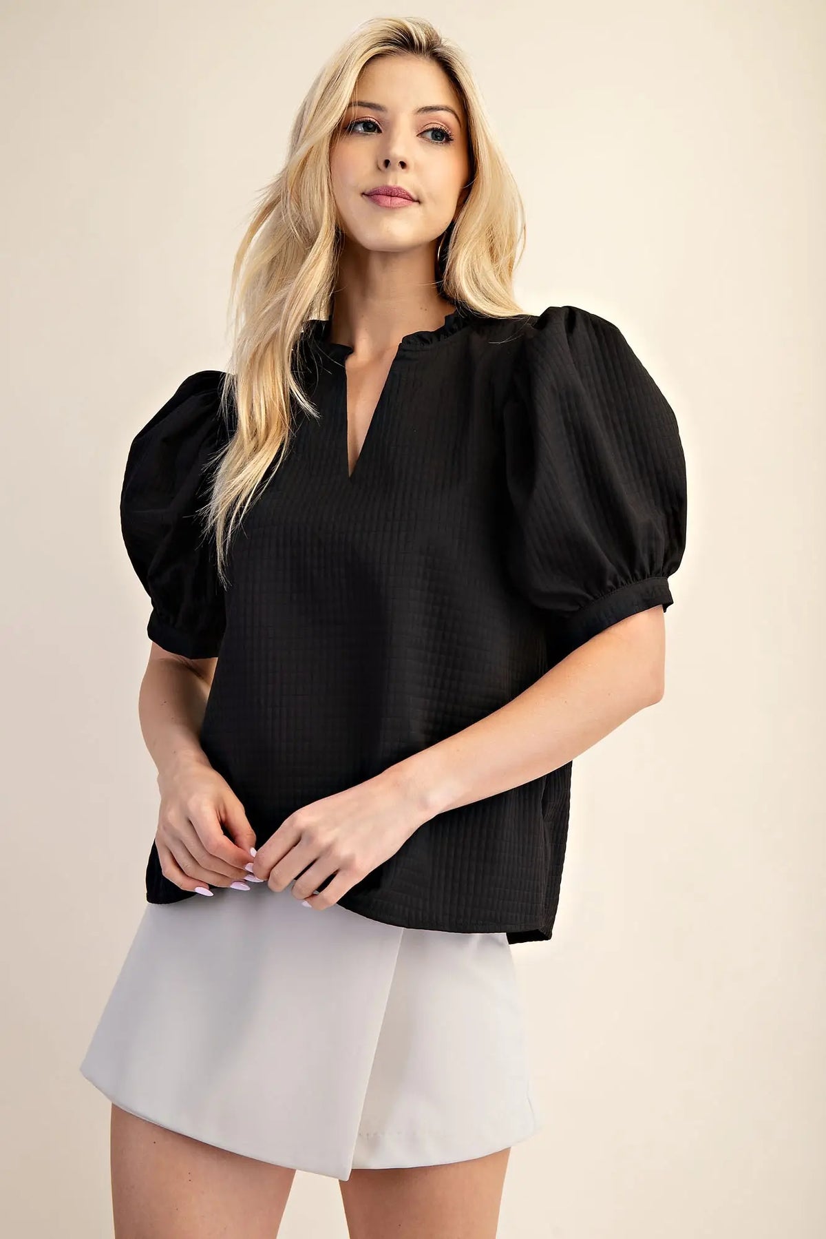 Glam Puff Sleeve Ruffle V-neck Textured Top