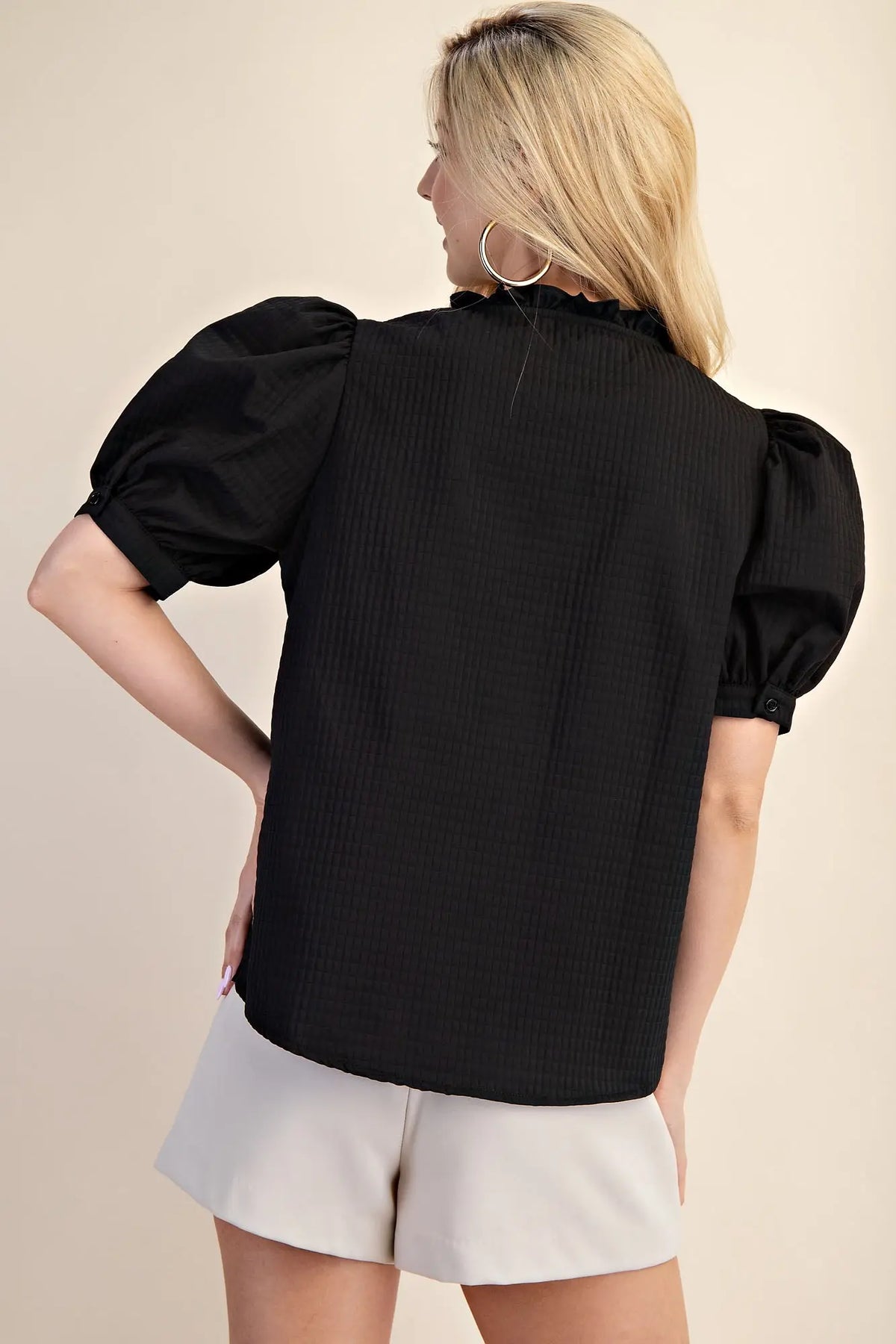 Glam Puff Sleeve Ruffle V-neck Textured Top