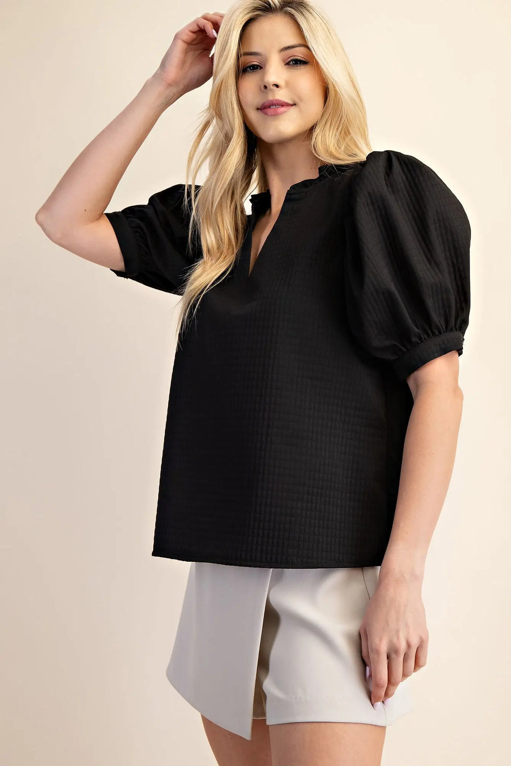 Glam Puff Sleeve Ruffle V-neck Textured Top