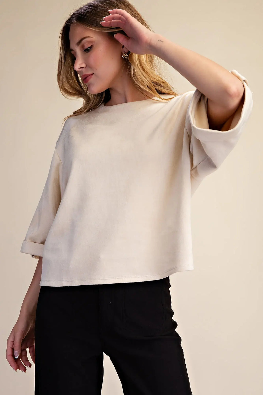 Glam 3/4 sleeve Ivory Suede feel Blouse