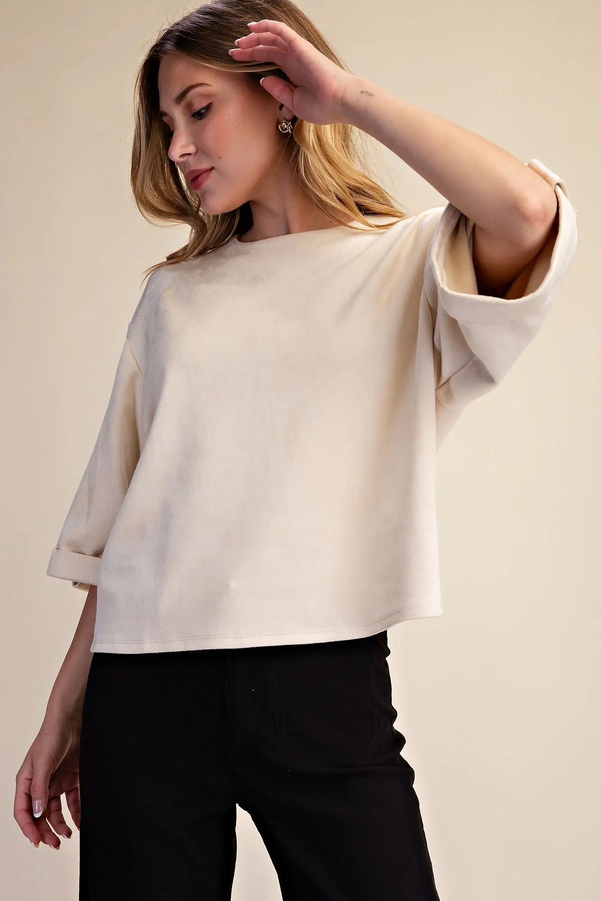 Glam 3/4 sleeve Ivory Suede feel Blouse
