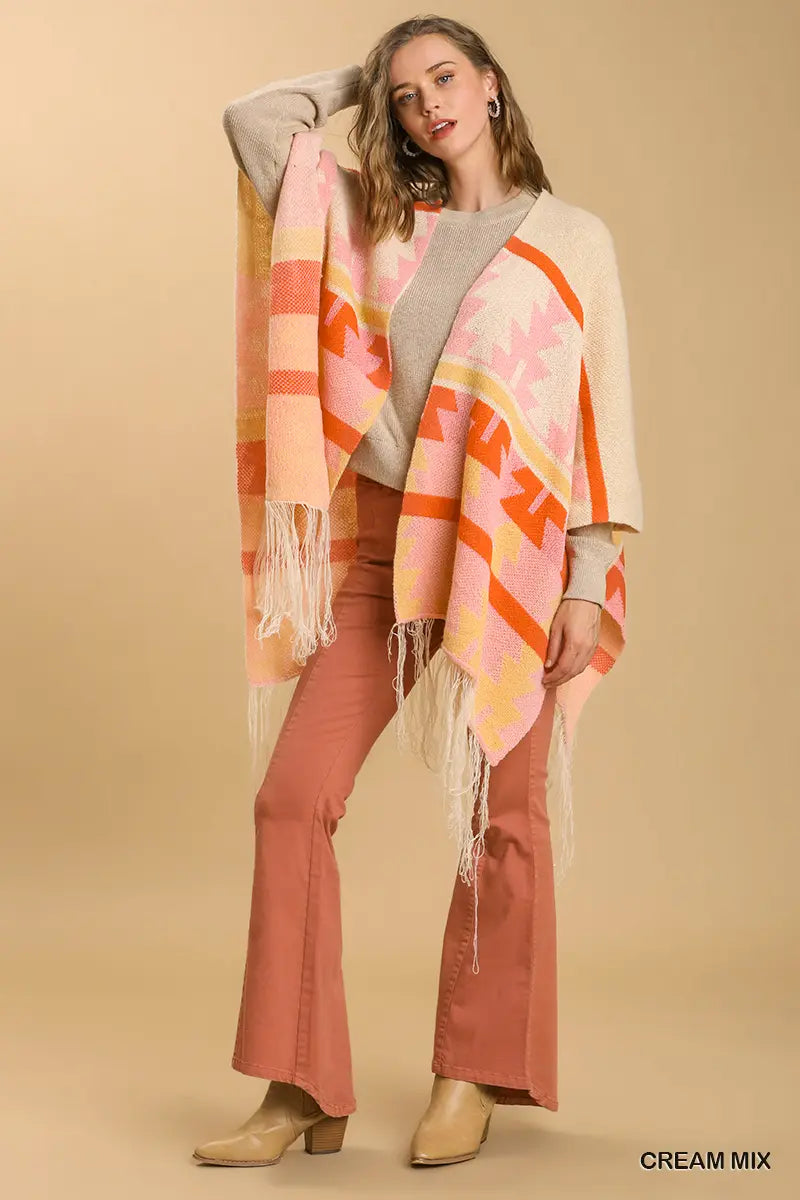 Umgee Shawl Open Front Vintage Pattern Long Sleeve with Fringe