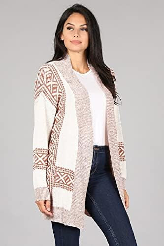 Oceanus Casual Geometric Print Open Front Long Sleeve Soft Knit Top