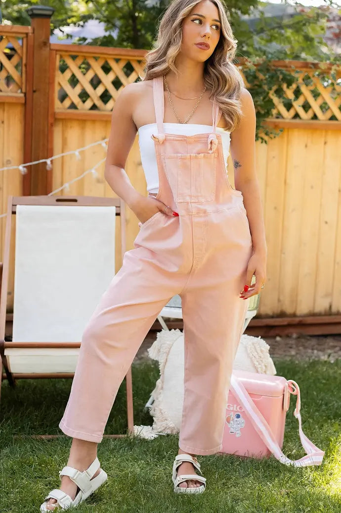 Zenana Osmond Knotted Strap Pink Overalls