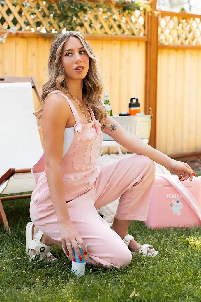 Zenana Osmond Knotted Strap Pink Overalls