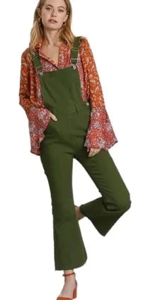 Umgee Adjustable Strap Stretch Denim Overalls with Pockets and Unfinished Hem-green