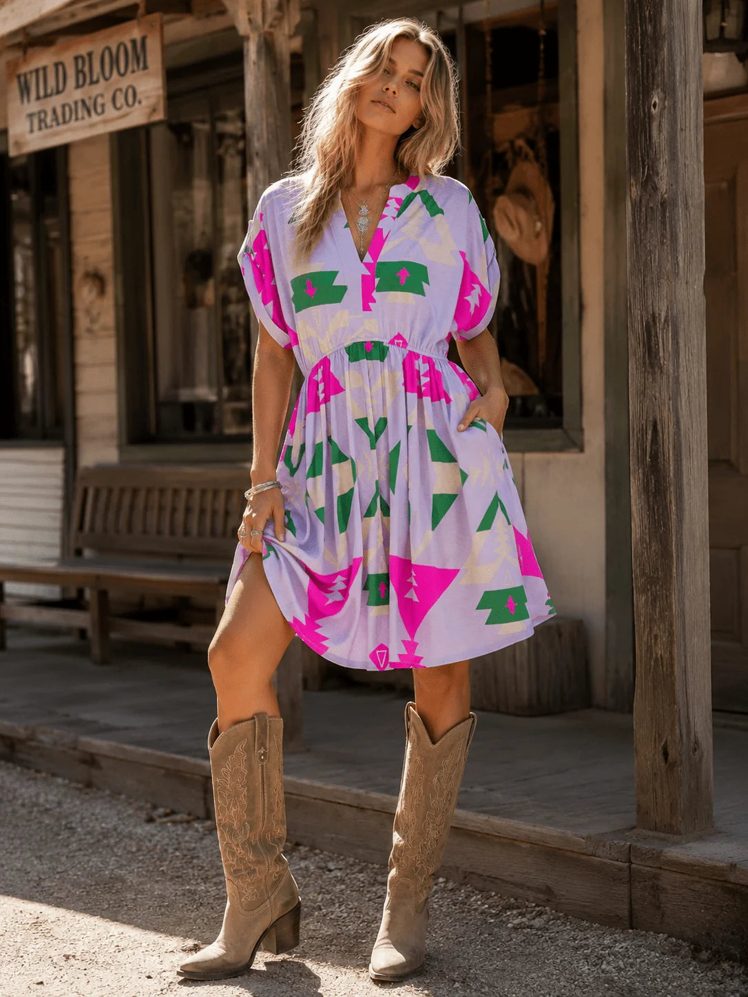 Short Sleeve V-neck Aztec Print Dress with Elastic Waist