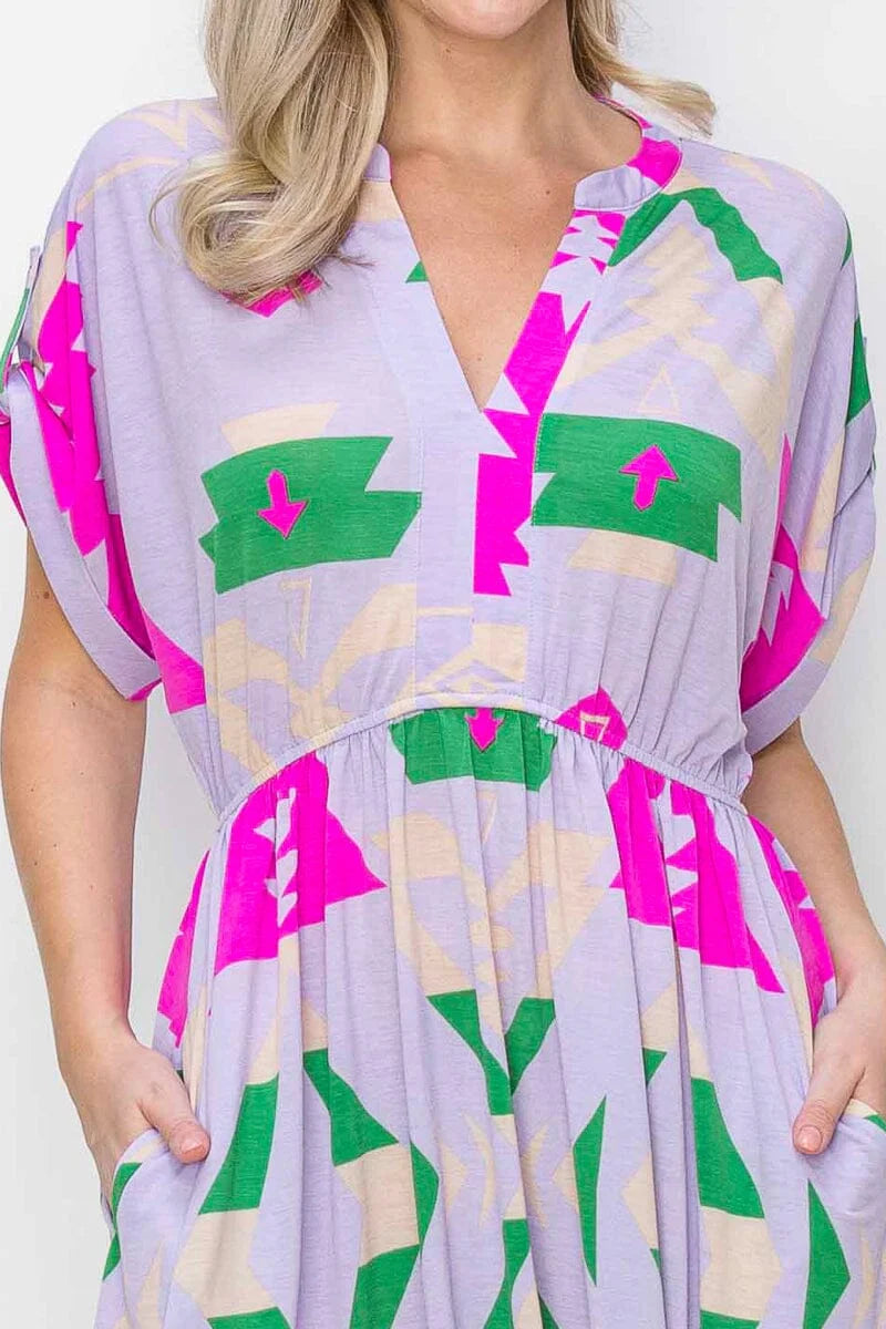 Short Sleeve V-neck Aztec Print Dress with Elastic Waist