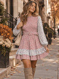 Women's long sleeve belted tiered floral smock mini dress