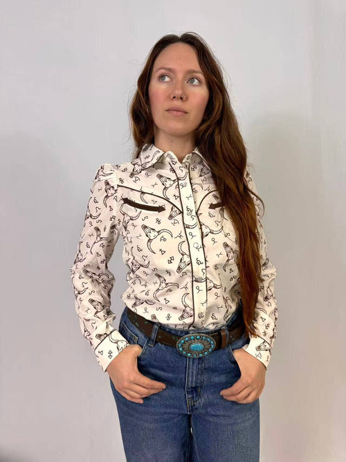 Branded Cow Skull Button Up LS Shirt: Cream