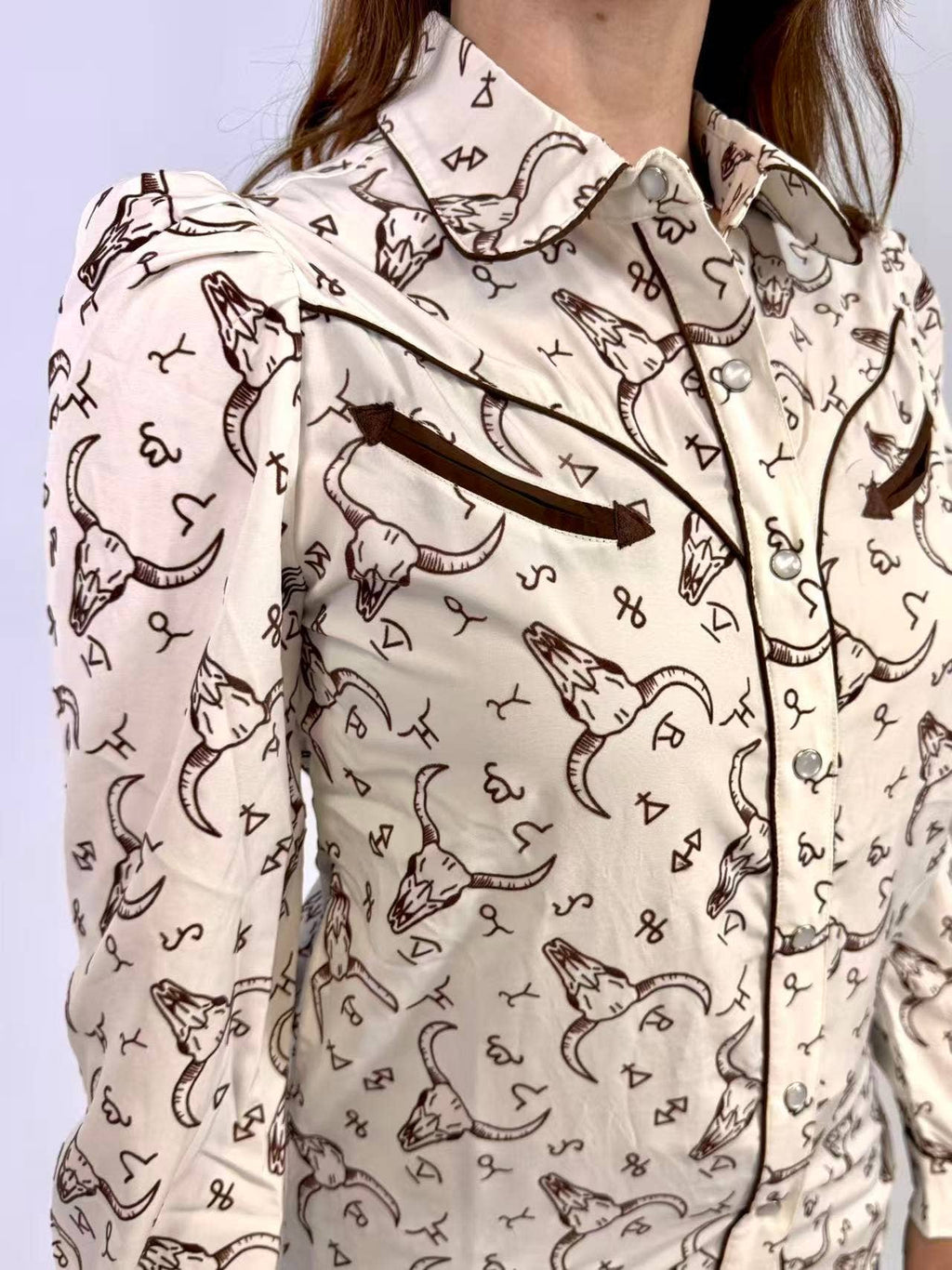 Branded Cow Skull Button Up LS Shirt: Cream
