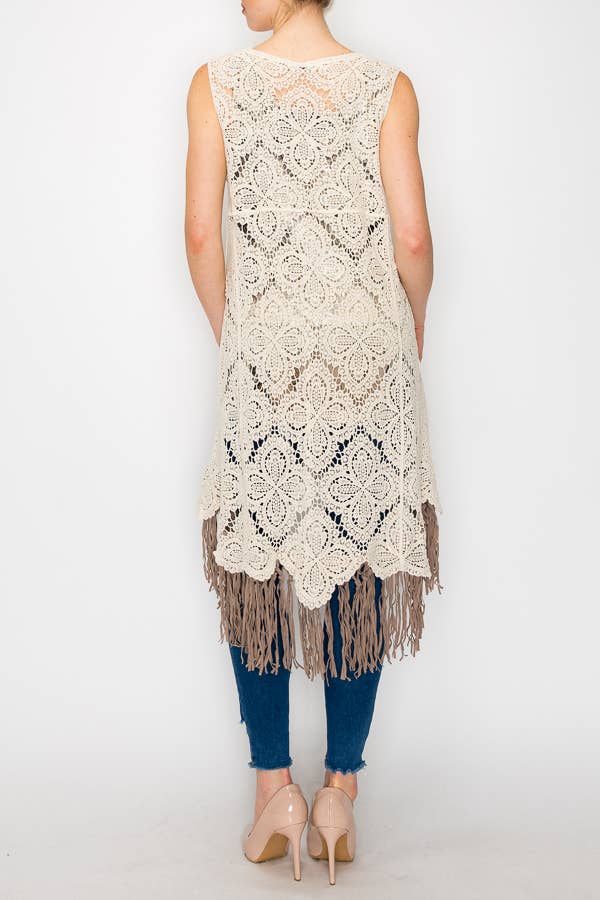 Origami Apparel ~  Lace and Crochet inspired - HIGH LOW CROCHET VEST WITH FAUX SUEDE FRINGE -4665FR  FRINGE