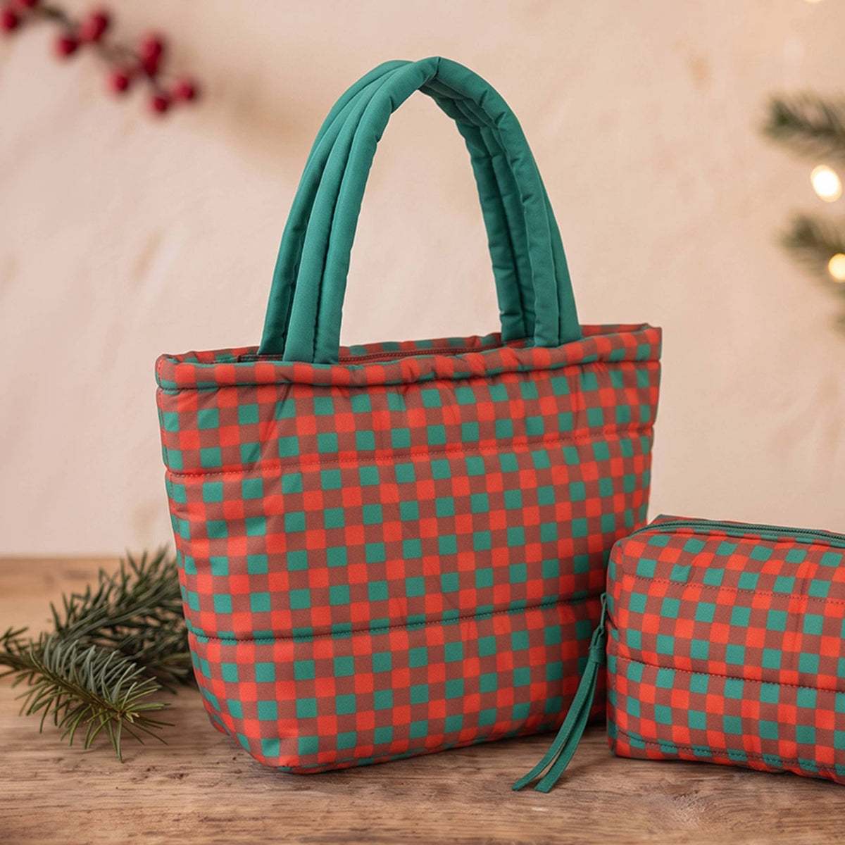 Hana - Gingham Check Pattern Quilted Puffer Tote Bag