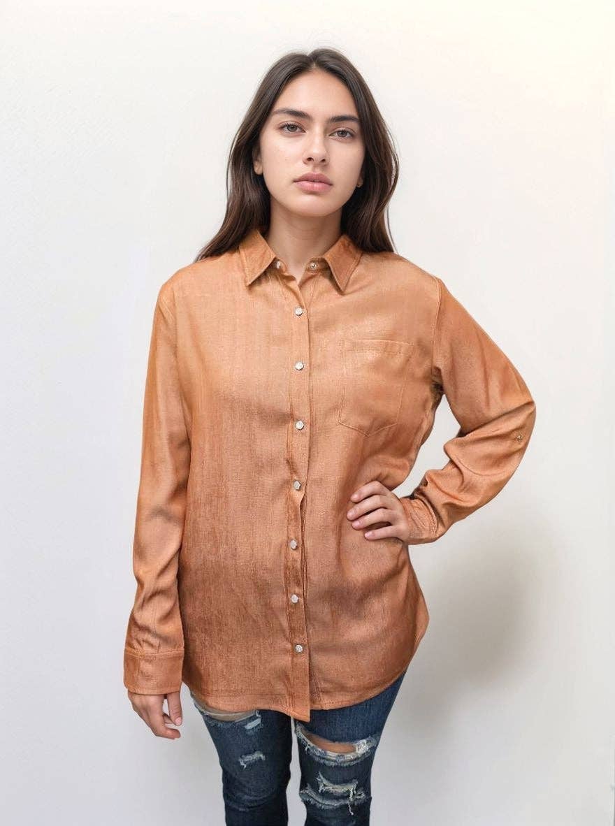 MK767 Pearl Snap Button Up Shirt: Rust / S