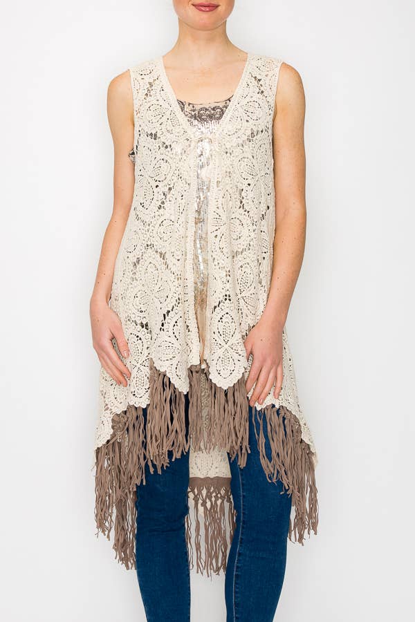 Origami Apparel ~  Lace and Crochet inspired - HIGH LOW CROCHET VEST WITH FAUX SUEDE FRINGE -4665FR  FRINGE