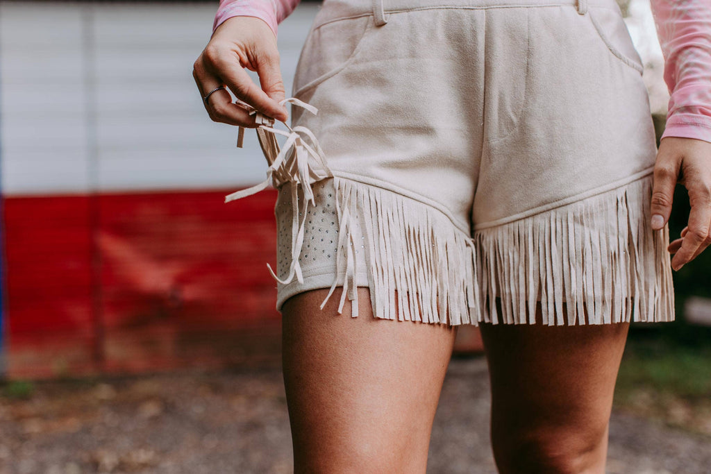 Dixie Rhinestone Embellished Fringe Shorts - Cream: Cream