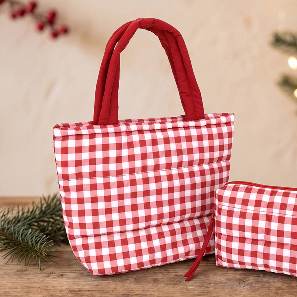 Hana - Gingham Check Pattern Quilted Puffer Tote Bag